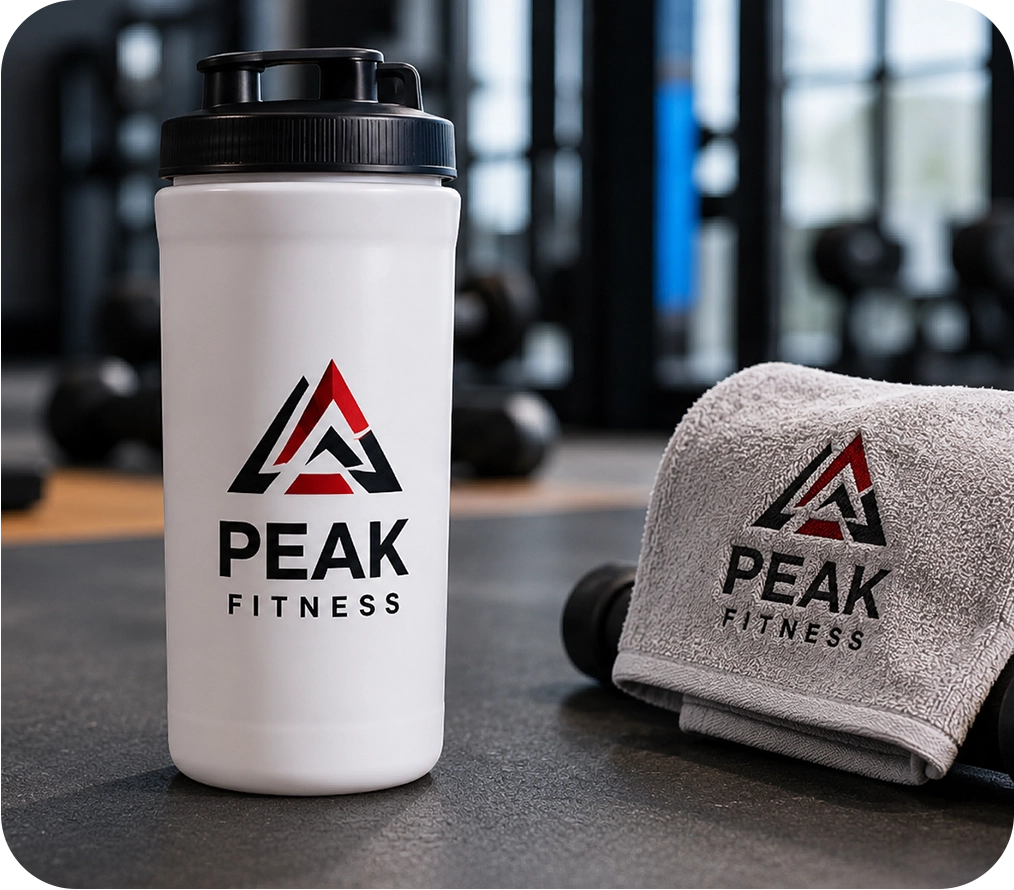 Logo printed on a water bottle and gym towel